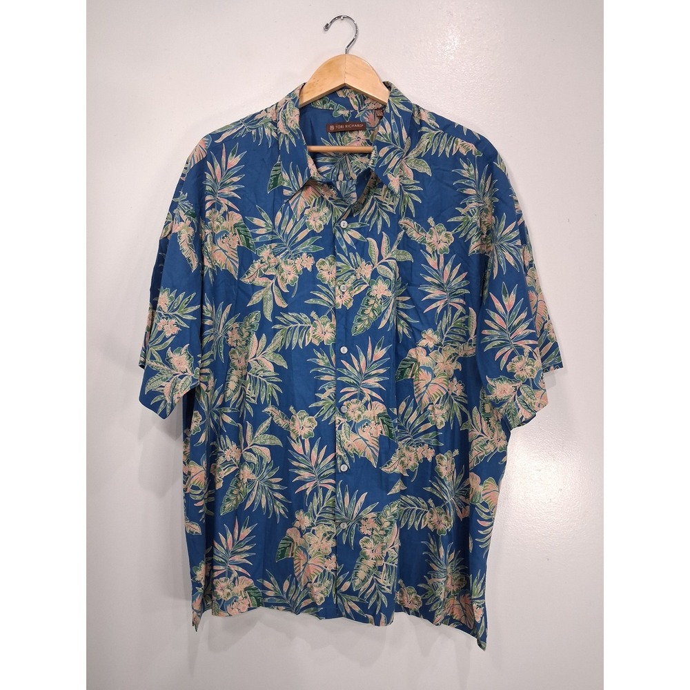 Tori Richard Mens 3XL Blue Tropical Floral Cotton Lawn Hawaiian Shirt USA Made